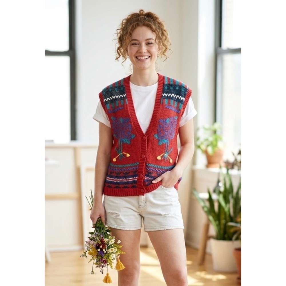 Vintage 90s Koret Sweater Vest Cardigan Womens S Red Floral Knit Cottagecore
